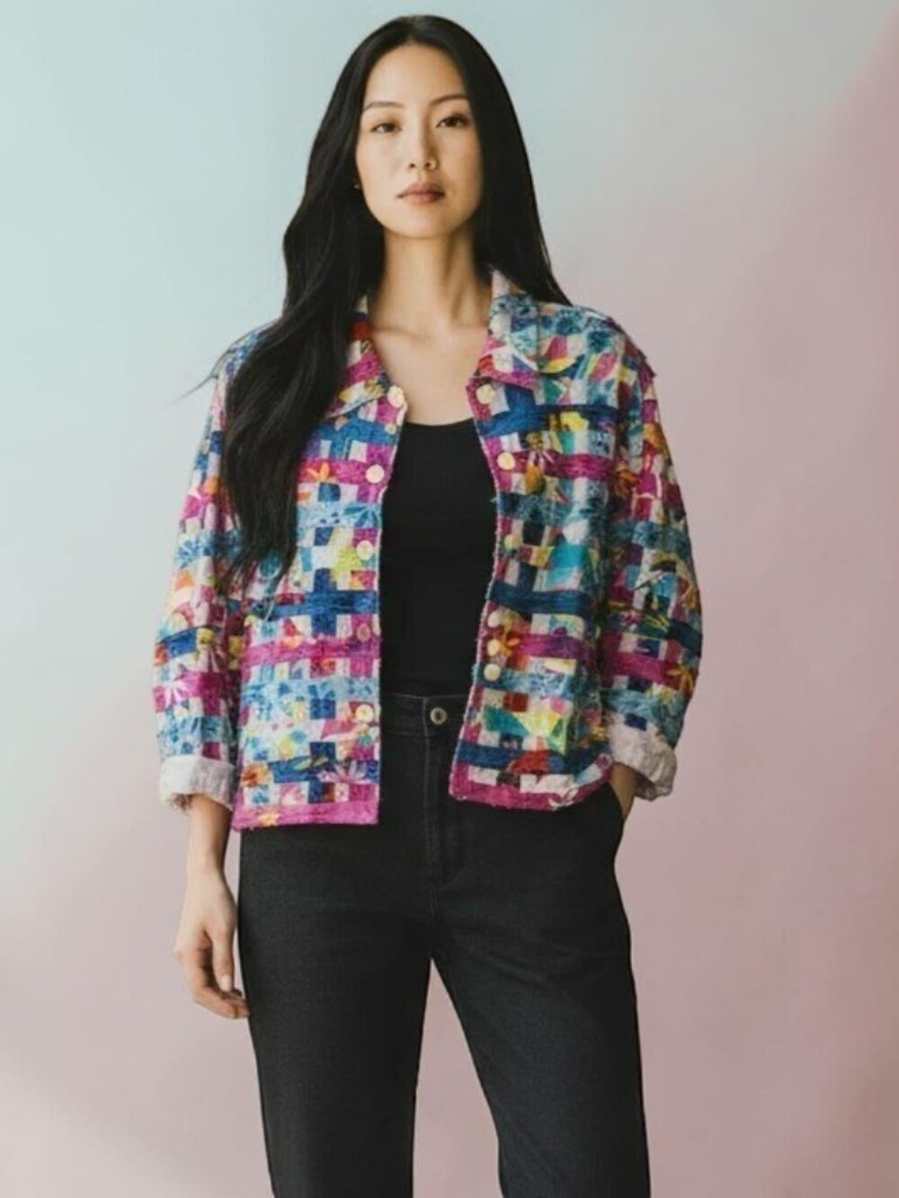 New Direction Size Large Floral Patchwork Colorful Jacket Blazer